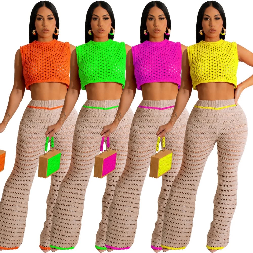 2023 Summer Knit Rib 2-Piece Set: Sleeveless Crop Top + Wide Leg Pants